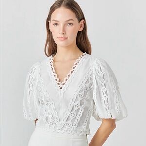 NWOT Endless Rose White Lace V-Neck Sleeve Top size M